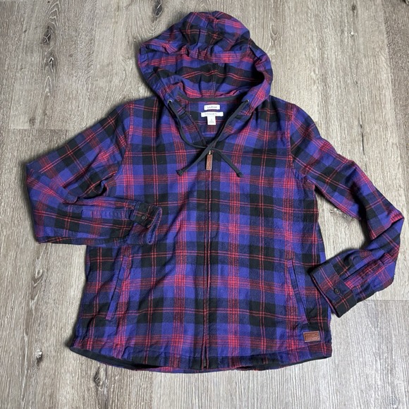 L.L. Bean Tops - L.L. Bean Women's S Plaid Zip Up Flannel Hoodie Relaxed Fit Shirt Jacket